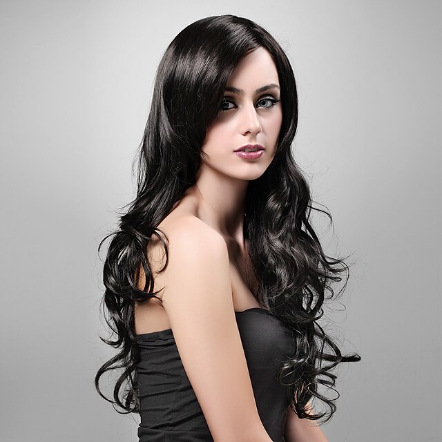 Synthetic Wig Women's Wavy Black Layered Haircut Synthetic Hair 20 inch Black Wig Very Long Capless Black