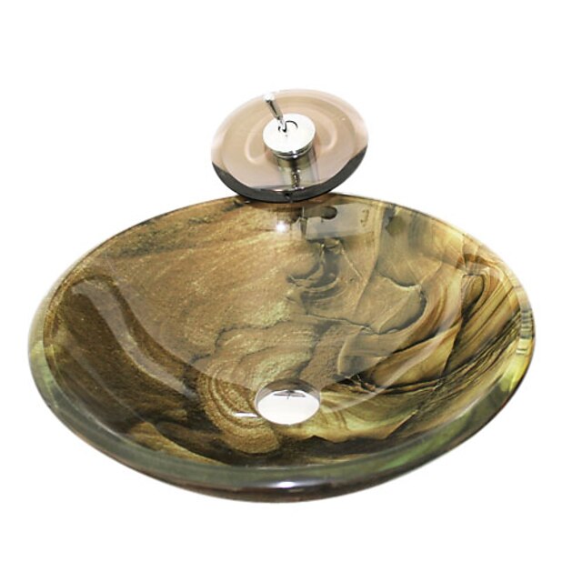  Tempered Glass Vessel Round Sink With Waterfall Faucet ,Pop - Up drain and Mounting Ring