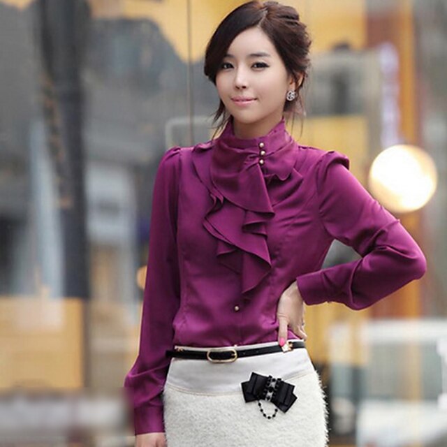  Solid Colored Ruffle Blouse Almond / White / Purple