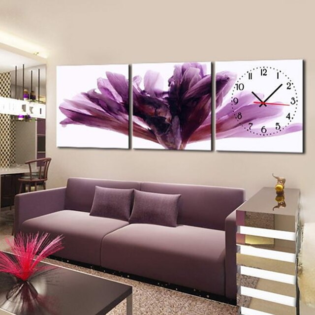  modern blommig lila väggklocka i canvas 3st