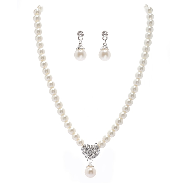 Ivory Pearl Two Piece Mini Heart Ladies Necklace and Earrings Jewelry Set (38 cm)