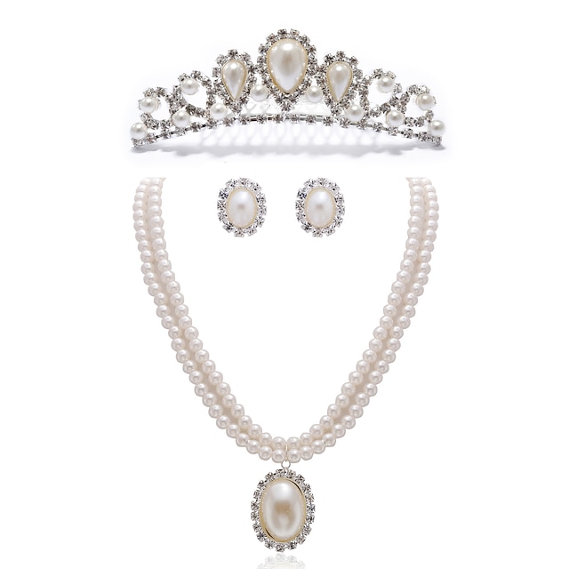  Gorgeous Clear Crystals And Imitation Pearls Jewelry Set,Including Necklace,Earrings And Tiara