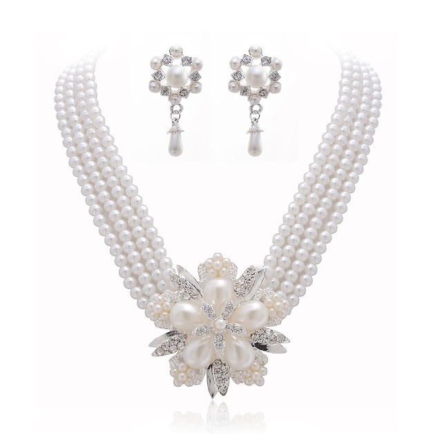  nydelige klare krystaller og imiterte perler smykker sett, inkludert halskjede og øredobber