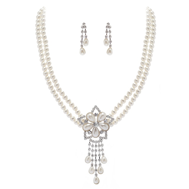  Ivory Pearl Two Piece Vintage Ladies Necklace and Earrings Jewelry Set (38 cm)