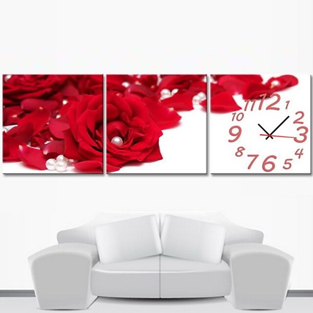  Contemporary Style Botanical Wall Clock in Canvas Set of 3