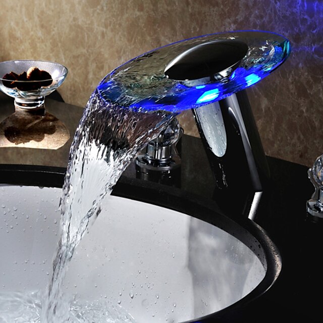  Bathroom Sink Faucet - Waterfall / Widespread / LED Chrome Widespread Two Handles Three HolesBath Taps / Brass