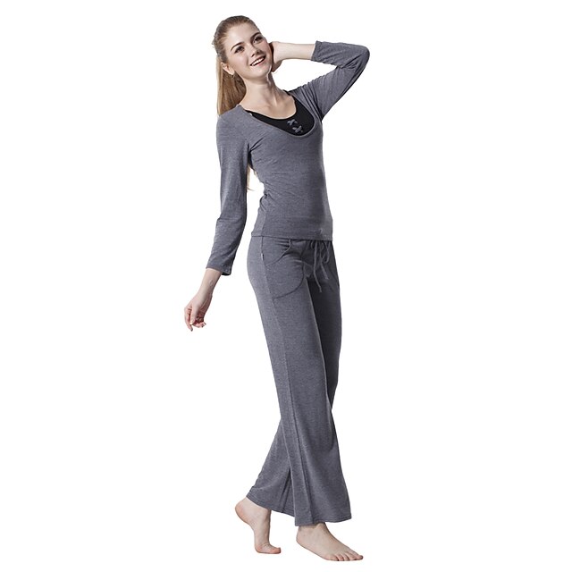  japannes katoen met lange mouwen sport yoga pak (grijs en zwart gelaagde toppen + grijze broek)