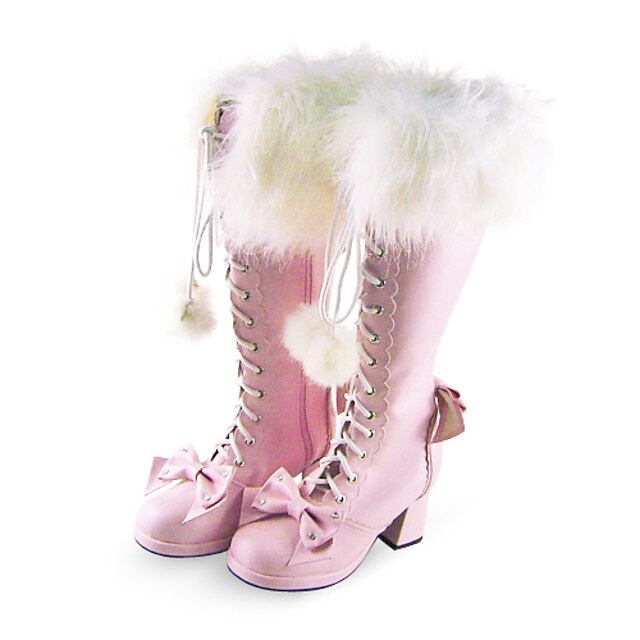  Handmade Cute Pink PU Leather Faxu Fur 6.3cm High Heel Doll's Lolita Boots
