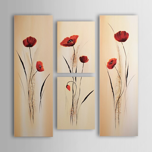  Oil Painting Hand Painted - Floral / Botanical Canvas Four Panels