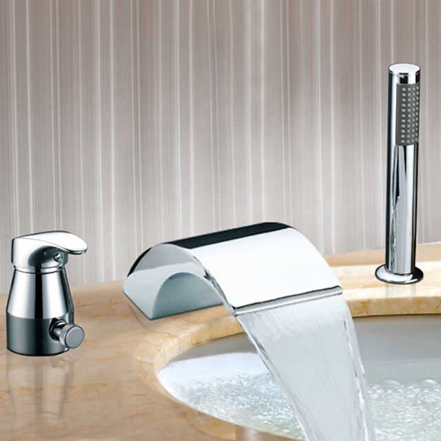  Badekarshaner - Moderne Krom Romersk Kar Keramik Ventil Bath Shower Mixer Taps / To Håndtag tre huller