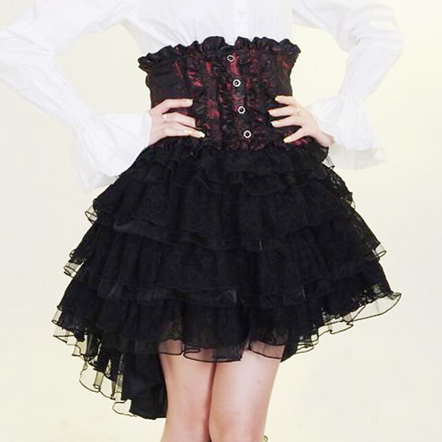  Knälång svart och rött och vitt bomullstyg Gothic Lolita Kjol