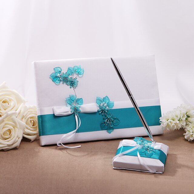  Guest Book / Pen Set Satin Floral Theme With Bowknot