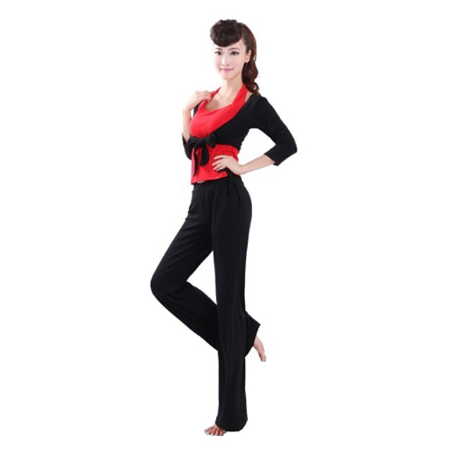  Modal mulheres Yoga manga comprida Tiered Sash terno preto (Tops + calça + coletes vermelhos)
