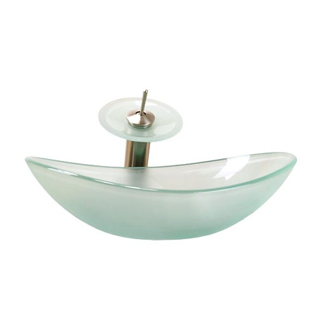  Sull Polish Ingot Style Tempered Glass Vessel Sink with Waterfall Faucet, Mounting Ring and Water Drain