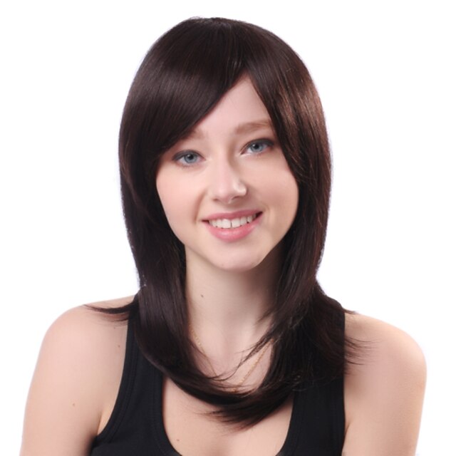  Capless Long Brown Straight 100% Human Hair Side Bang Parykker