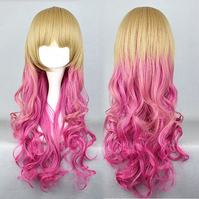  lolita peruca onda inspirada por zíper dourado e cor-de-rosa 65 centímetros mista doce