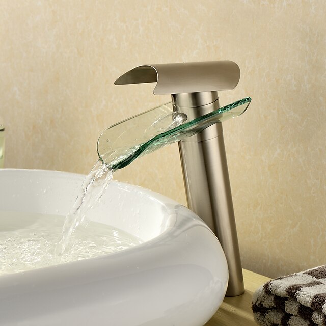  robinets de lavabo de salle de bain cascade avec bec en verre, laiton de style contemporain à une poignée, fini nickel brossé avec interrupteur froid et chaud