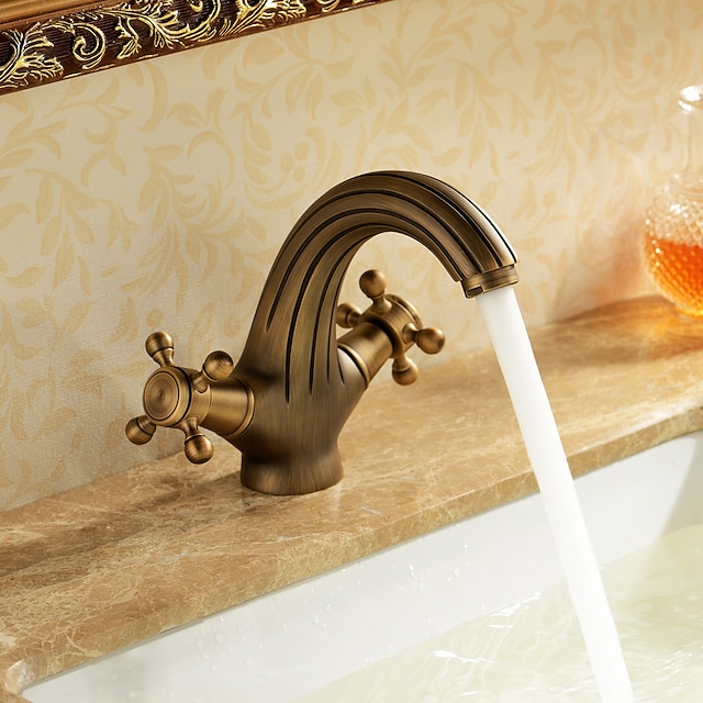  rubinetto del lavandino del bagno in ottone antico, rubinetto da tavolo in ottone due maniglie rubinetti da bagno monoforo con interruttore acqua calda e fredda