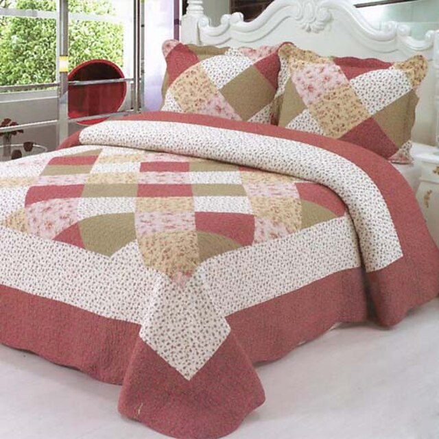  Quilt Set, 3-Piece Traditional Plaid Washed Cotton 