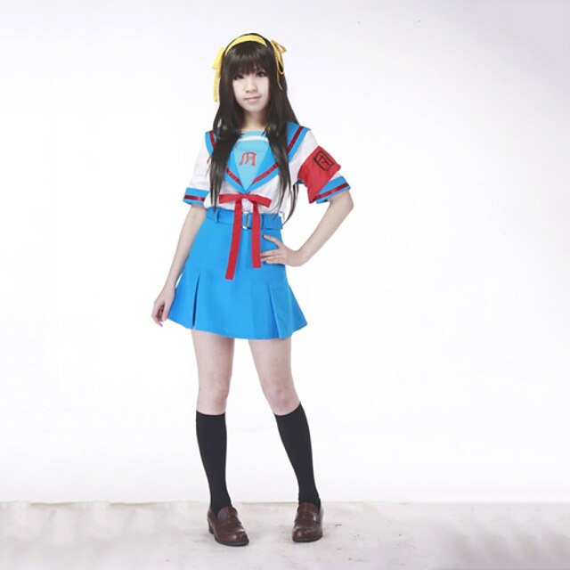  Inspiré par Suzumiya Haruhi Haruhi Suzumiya Manga Costumes de Cosplay Japonais Costumes Cosplay Uniforme d'Ecolier / Ecolière Mosaïque Manches Courtes Haut Jupe Ceinture Pour Femme / Ruban / Ruban