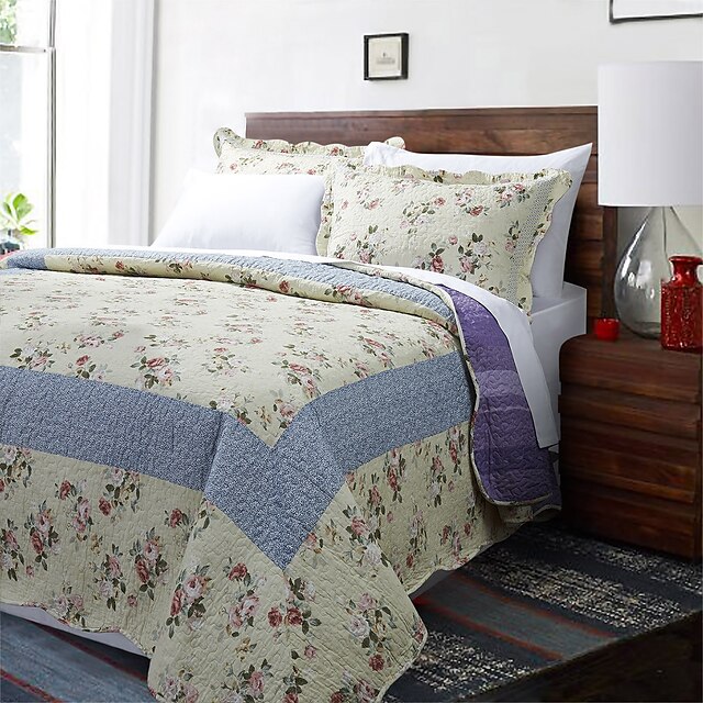  3-piece megan beige floral bomuld dronning quilt sæt