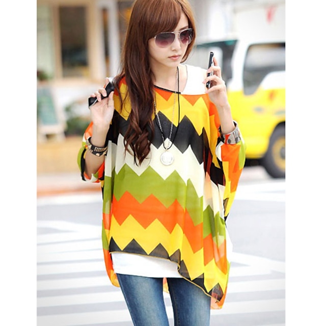  Women's Chiffon One Shoulder Color Block Blouse