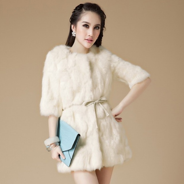  3/4 Sleeve Collarless Rabbit Fur Casual / Party Coat (More Colors)