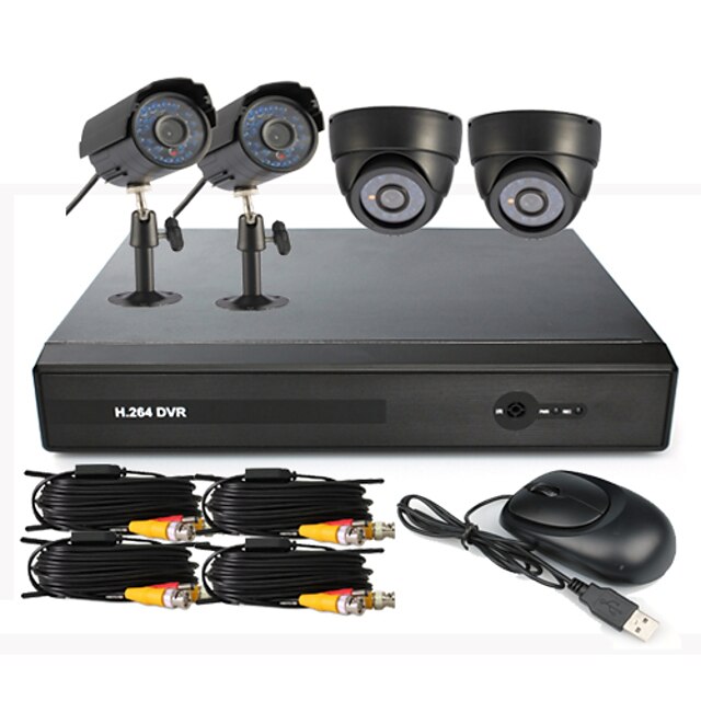  4 Channel One-Touch in linea Sistema di CCTV DVR (2 telecamera esterna impermeabile e 2 Telecamera Dome Indoor)