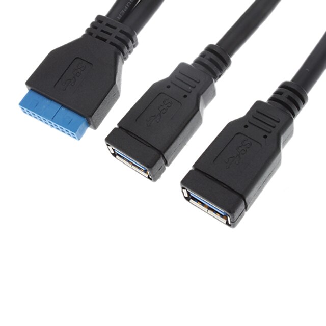  USB 3.0 20P Male til 2 x AF Round Cable (25 cm, sort)