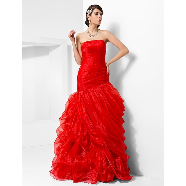  Ball Gown Open Back Prom Formal Evening Dress Strapless Sleeveless Floor Length Organza with Pick Up Skirt Side Draping 2022