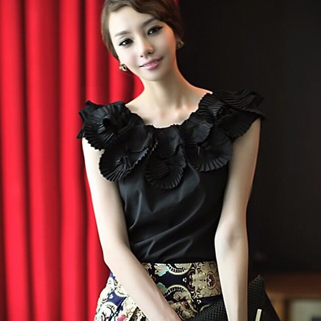  Women's Solid Colored 3D Flowers Decor Collar Blouse
