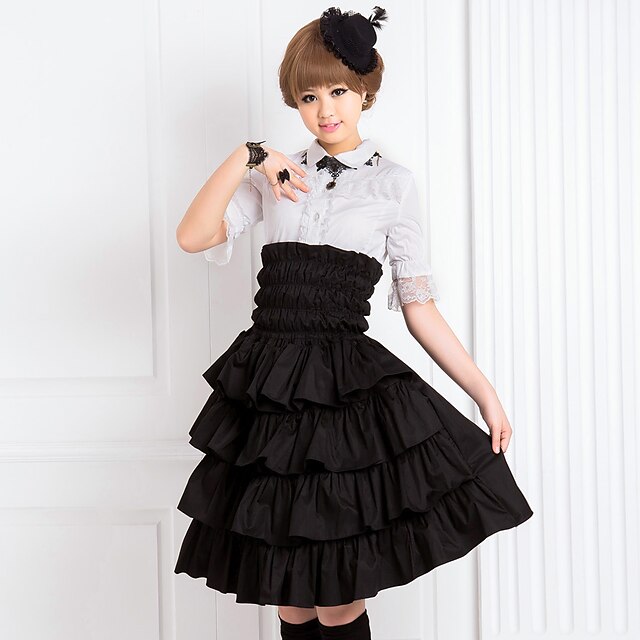  Classic Lolita Lolita Dress Skirt Women's Cotton Japanese Cosplay Costumes Solid Colored Medium Length