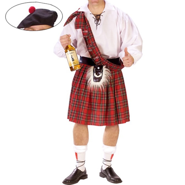  Scottish Cosplay Costume Party Costume Men's Halloween Carnival New Year Festival / Holiday Polyurethane Leather Terylene Red / White Carnival Costumes Plaid