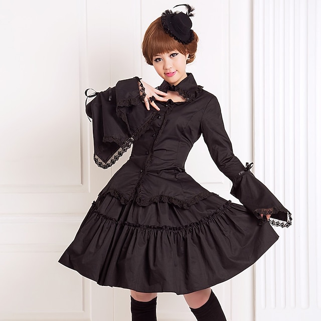  Ribbons Gothic Lolita Lace Dress Outfits Women's Girls' Cotton Japanese Cosplay Costumes Plus Size Customized Black Ball Gown Solid Colored Puff Balloon Sleeve Long Sleeve Knee Length Medium Length