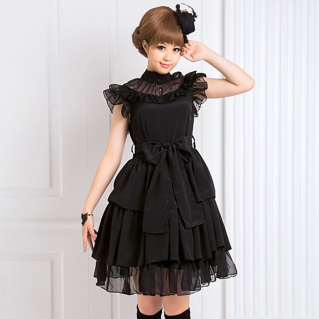  Gothique Lolita Robe Femme Fille Mousseline de soie Japonais Costumes de Cosplay Noir Couleur Pleine Sans Manches Moyen