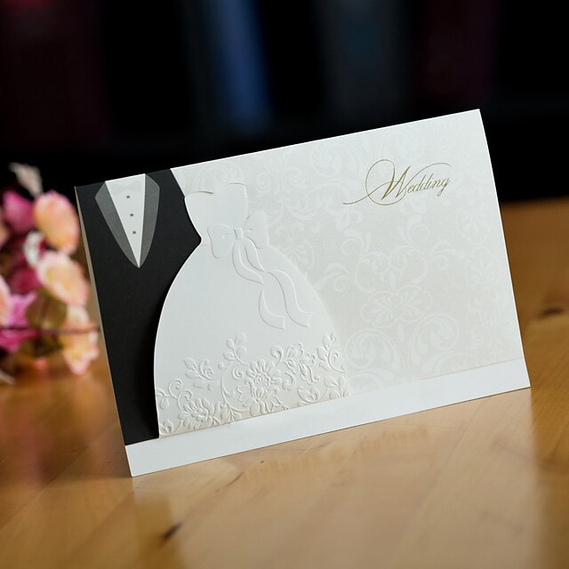  サイド折り 結婚式の招待状 50 - 招待状カード パール紙 16.6cm*11.5cm リボン