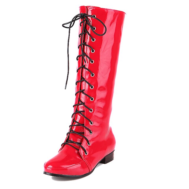  Women's Spring Fall Fashion Boots Patent Leather Casual Dress Flat Heel Lace-up Black Blue Pink Red White