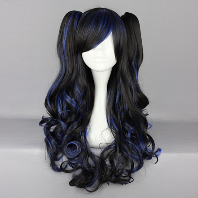  Black and Blue blended Curly Pigtails 70cm Gothic pitkä peruukki