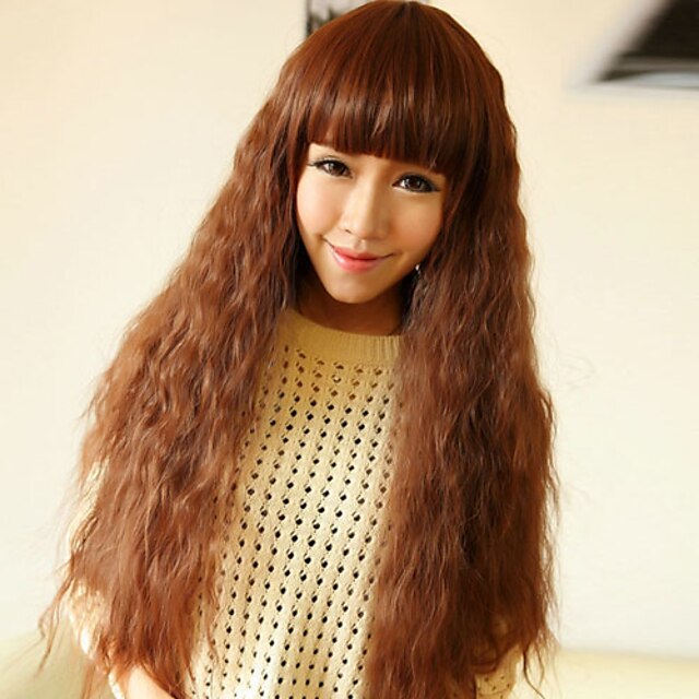  Capless Söt Long Curly högkvalitativa syntetiska ljus gyllenbrun Full Bang Hair Wig