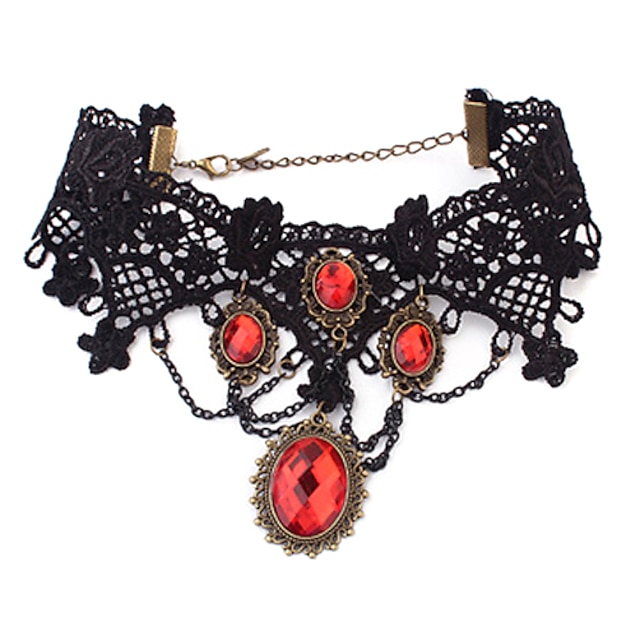  Women's Ruby Choker Necklace Vintage Necklace Tattoo Choker Necklace Tattoo Style European Fashion Gemstone Zircon Lace Black Necklace Jewelry For Party