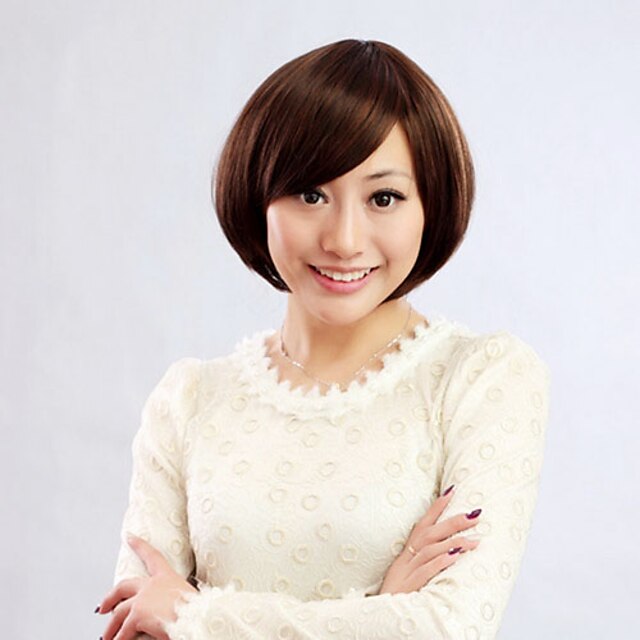  Capless Short Bob High Quality Synthetic Light Golden Brown Side Bang Straight Hair Wig