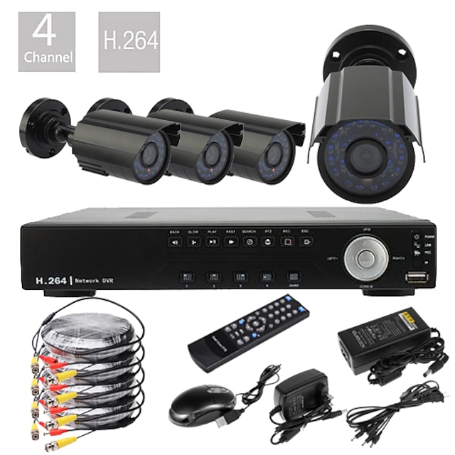  4CH D1 Real Time H.264 600TVL High Definition CCTV DVR Kit (4 Waterproof Day Night CMOS Cameras)