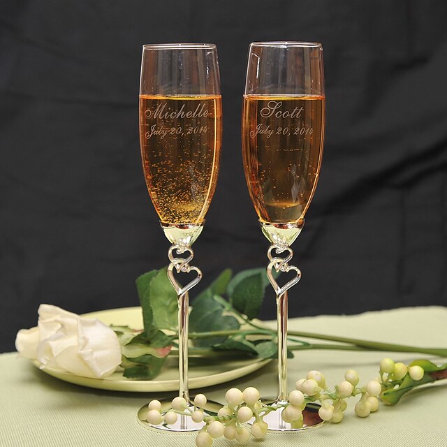  Personalized Double Heart Design Toasting Flutes Wedding Reception