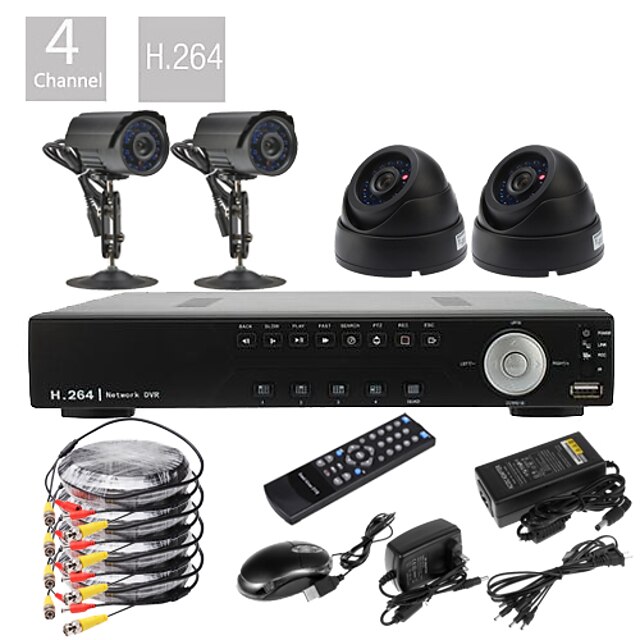  Ultra Low Price DIY 4ch D1 Real Time H.264 DVR CCTV DVR Kit (4stk 420 TVL Night Vision CMOS kameraer)