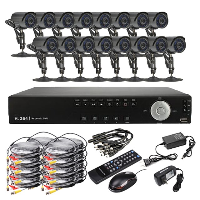  16 каналов D1 в реальном времени H.264 High Definition CCTV DVR комплект (16 Водонепроницаемый 600TVL День Ночь CMOS фотокамеры)