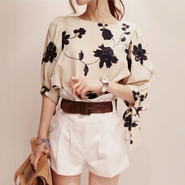  Kvinners Broderi Puff Sleeve Top