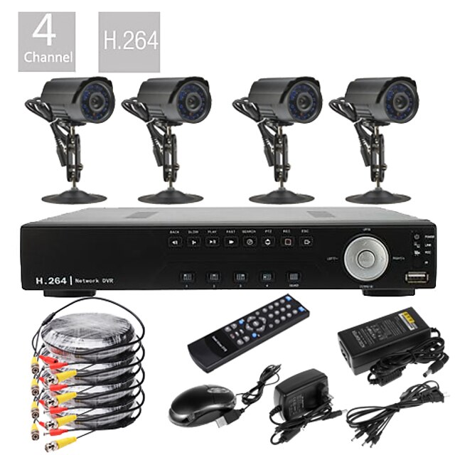  4CH D1 Real Time H.264 600TVL High Definition CCTV DVR Kit (4pcs Waterproof Day Night CMOS Cameras)