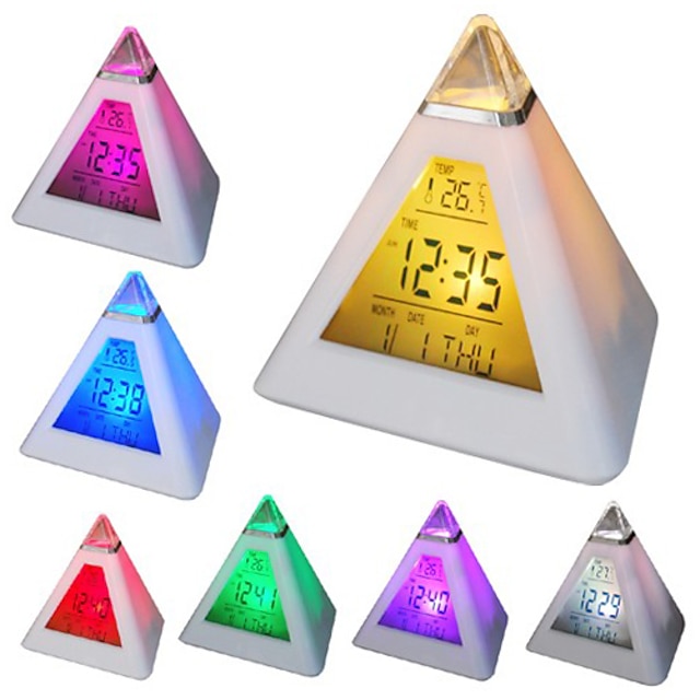  7 levou cores variáveis ​​em forma de pirâmide alarme digital calendário relógio termômetro (branco, 3xAAA)