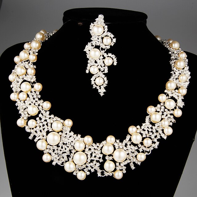  Wspaniałe Srebrzyste Alloy z perłami i ślub zestaw Rhinestone biżuterię (w tym naszyjnik i kolczyki)