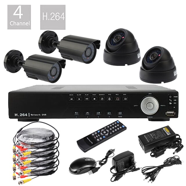  4CH D1 realtid H.264 High Definition CCTV DVR Kit (4 600TVL Vattentät Dag Natt CMOS-kameror)
